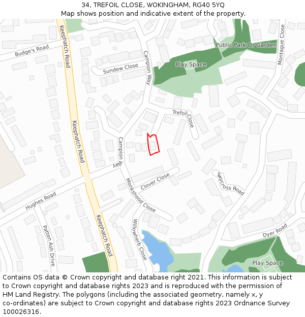 34, TREFOIL CLOSE, WOKINGHAM, RG40 5YQ: Location map and indicative extent of plot