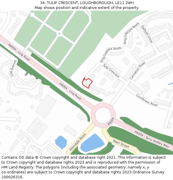 34, TULIP CRESCENT, LOUGHBOROUGH, LE11 2WH: Location map and indicative extent of plot