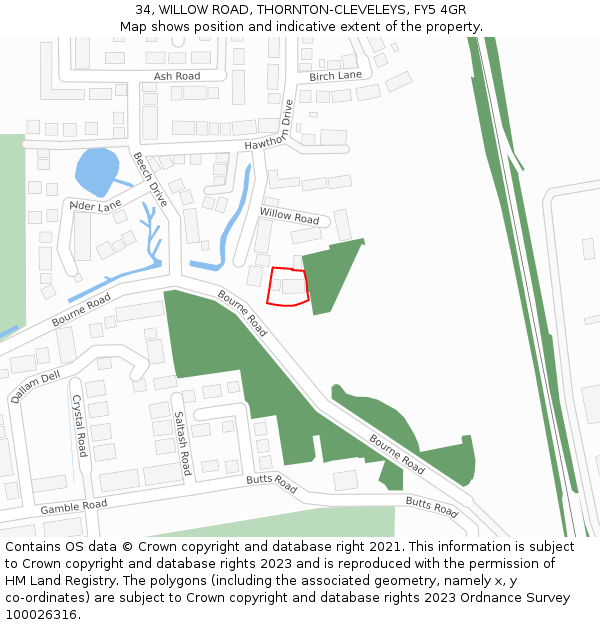 34, WILLOW ROAD, THORNTON-CLEVELEYS, FY5 4GR: Location map and indicative extent of plot