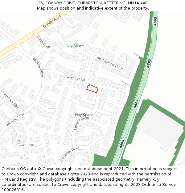 35, CONWAY DRIVE, THRAPSTON, KETTERING, NN14 4XP: Location map and indicative extent of plot