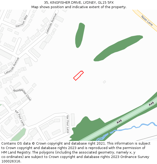 35, KINGFISHER DRIVE, LYDNEY, GL15 5FX: Location map and indicative extent of plot