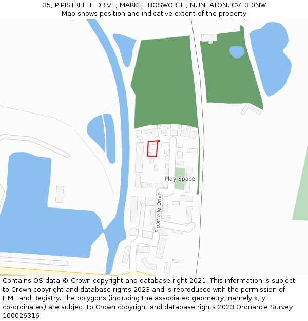 35, PIPISTRELLE DRIVE, MARKET BOSWORTH, NUNEATON, CV13 0NW: Location map and indicative extent of plot