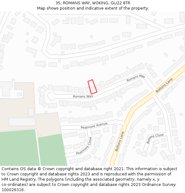 35, ROMANS WAY, WOKING, GU22 8TR: Location map and indicative extent of plot