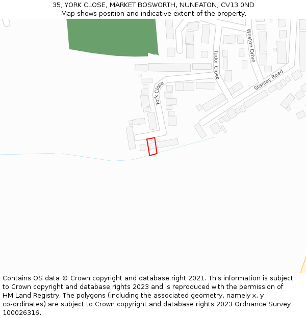 35, YORK CLOSE, MARKET BOSWORTH, NUNEATON, CV13 0ND: Location map and indicative extent of plot