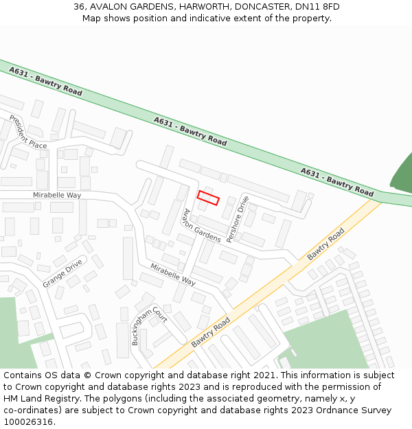 36, AVALON GARDENS, HARWORTH, DONCASTER, DN11 8FD: Location map and indicative extent of plot