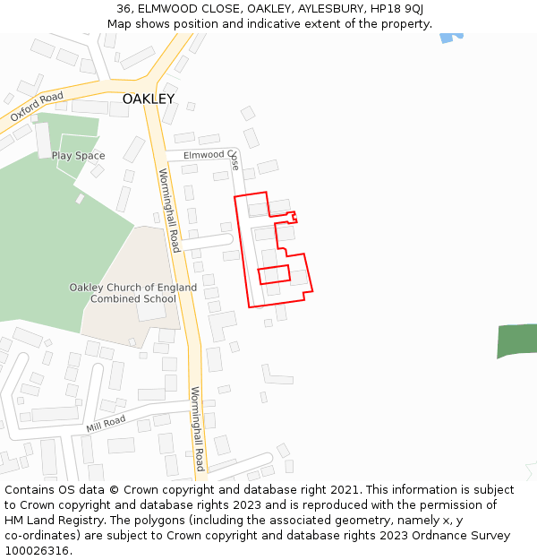 36, ELMWOOD CLOSE, OAKLEY, AYLESBURY, HP18 9QJ: Location map and indicative extent of plot