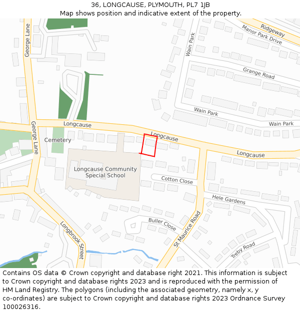 36, LONGCAUSE, PLYMOUTH, PL7 1JB: Location map and indicative extent of plot