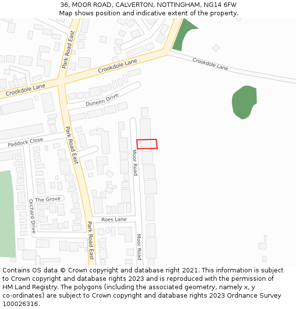 36, MOOR ROAD, CALVERTON, NOTTINGHAM, NG14 6FW: Location map and indicative extent of plot