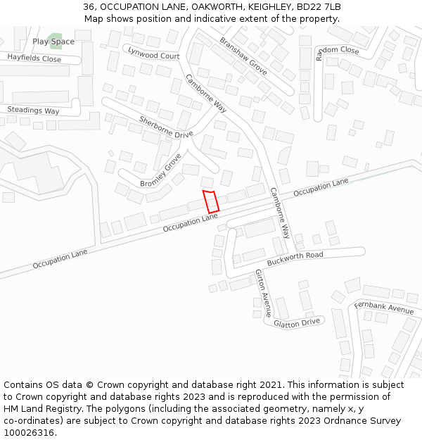 36, OCCUPATION LANE, OAKWORTH, KEIGHLEY, BD22 7LB: Location map and indicative extent of plot