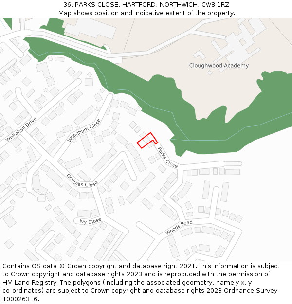 36, PARKS CLOSE, HARTFORD, NORTHWICH, CW8 1RZ: Location map and indicative extent of plot