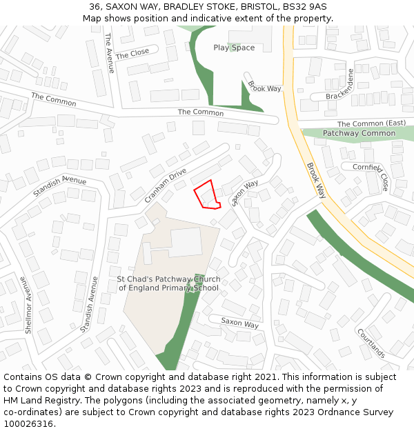 36, SAXON WAY, BRADLEY STOKE, BRISTOL, BS32 9AS: Location map and indicative extent of plot