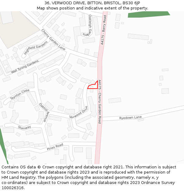 36, VERWOOD DRIVE, BITTON, BRISTOL, BS30 6JP: Location map and indicative extent of plot