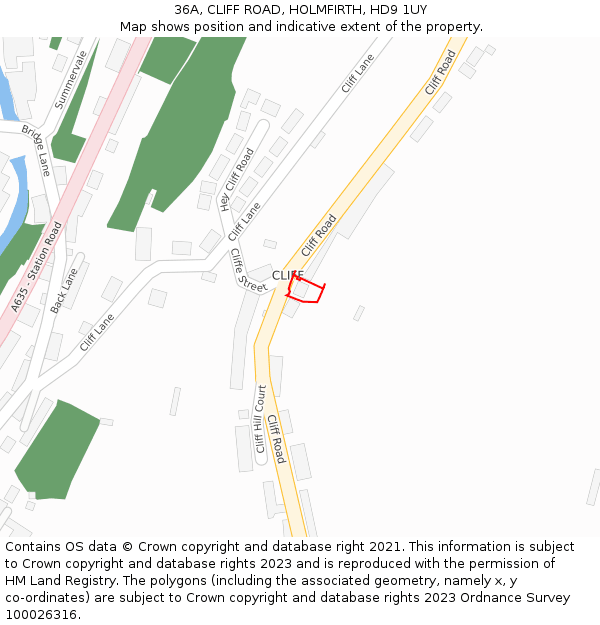 36A, CLIFF ROAD, HOLMFIRTH, HD9 1UY: Location map and indicative extent of plot