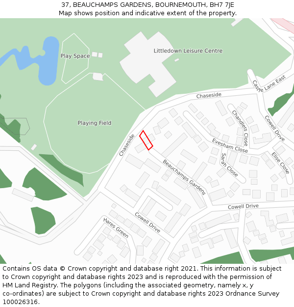 37, BEAUCHAMPS GARDENS, BOURNEMOUTH, BH7 7JE: Location map and indicative extent of plot