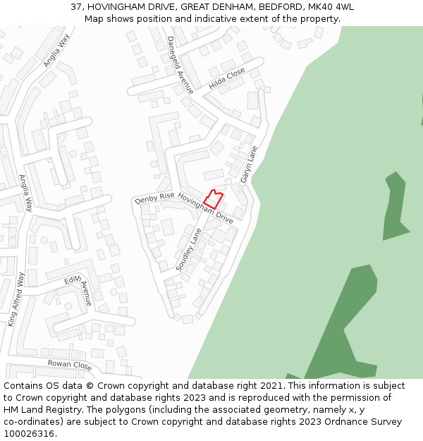 37, HOVINGHAM DRIVE, GREAT DENHAM, BEDFORD, MK40 4WL: Location map and indicative extent of plot