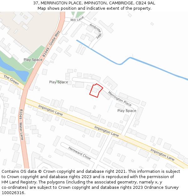 37, MERRINGTON PLACE, IMPINGTON, CAMBRIDGE, CB24 9AL: Location map and indicative extent of plot