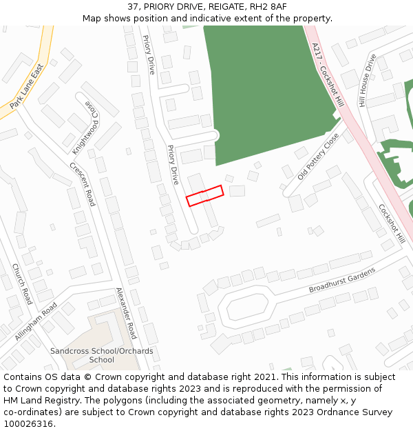 37, PRIORY DRIVE, REIGATE, RH2 8AF: Location map and indicative extent of plot