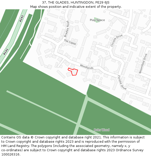 37, THE GLADES, HUNTINGDON, PE29 6JS: Location map and indicative extent of plot