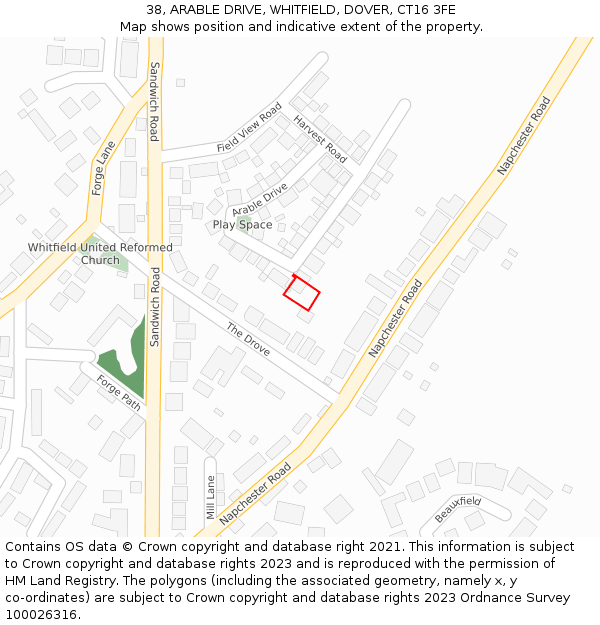 38, ARABLE DRIVE, WHITFIELD, DOVER, CT16 3FE: Location map and indicative extent of plot