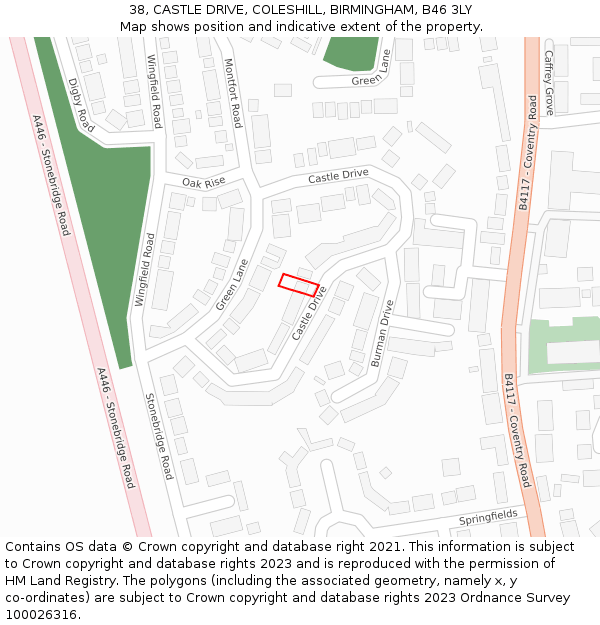 38, CASTLE DRIVE, COLESHILL, BIRMINGHAM, B46 3LY: Location map and indicative extent of plot