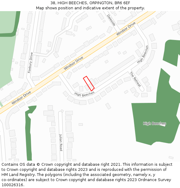 38, HIGH BEECHES, ORPINGTON, BR6 6EF: Location map and indicative extent of plot