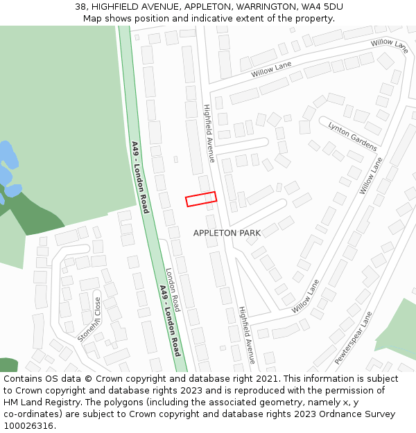 38, HIGHFIELD AVENUE, APPLETON, WARRINGTON, WA4 5DU: Location map and indicative extent of plot