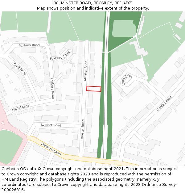 38, MINSTER ROAD, BROMLEY, BR1 4DZ: Location map and indicative extent of plot