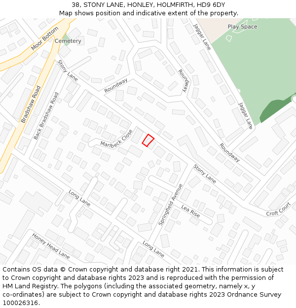 38, STONY LANE, HONLEY, HOLMFIRTH, HD9 6DY: Location map and indicative extent of plot