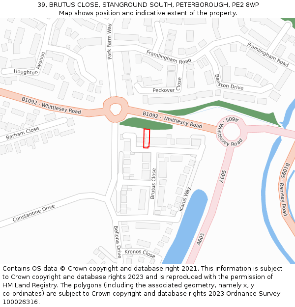 39, BRUTUS CLOSE, STANGROUND SOUTH, PETERBOROUGH, PE2 8WP: Location map and indicative extent of plot