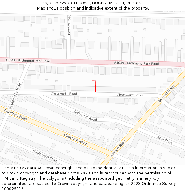 39, CHATSWORTH ROAD, BOURNEMOUTH, BH8 8SL: Location map and indicative extent of plot