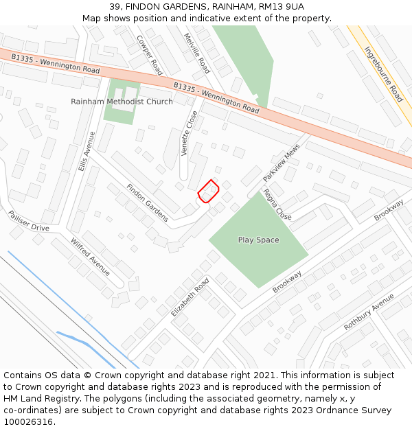 39, FINDON GARDENS, RAINHAM, RM13 9UA: Location map and indicative extent of plot