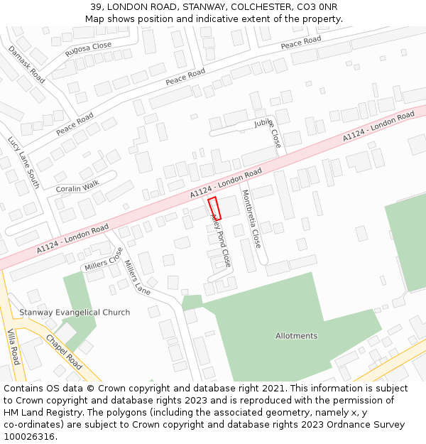 39, LONDON ROAD, STANWAY, COLCHESTER, CO3 0NR: Location map and indicative extent of plot