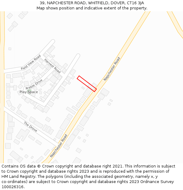 39, NAPCHESTER ROAD, WHITFIELD, DOVER, CT16 3JA: Location map and indicative extent of plot