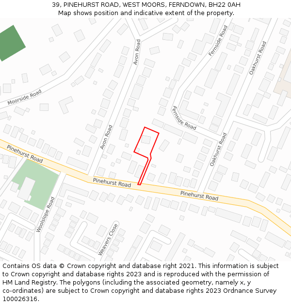 39, PINEHURST ROAD, WEST MOORS, FERNDOWN, BH22 0AH: Location map and indicative extent of plot