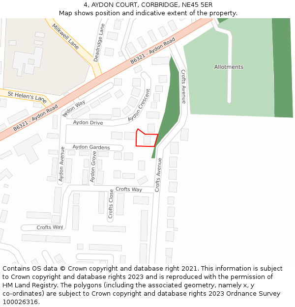 4, AYDON COURT, CORBRIDGE, NE45 5ER: Location map and indicative extent of plot