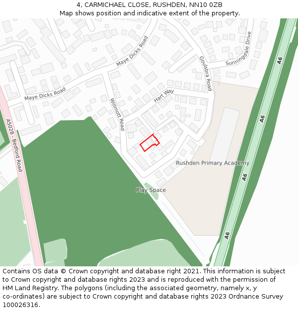 4, CARMICHAEL CLOSE, RUSHDEN, NN10 0ZB: Location map and indicative extent of plot