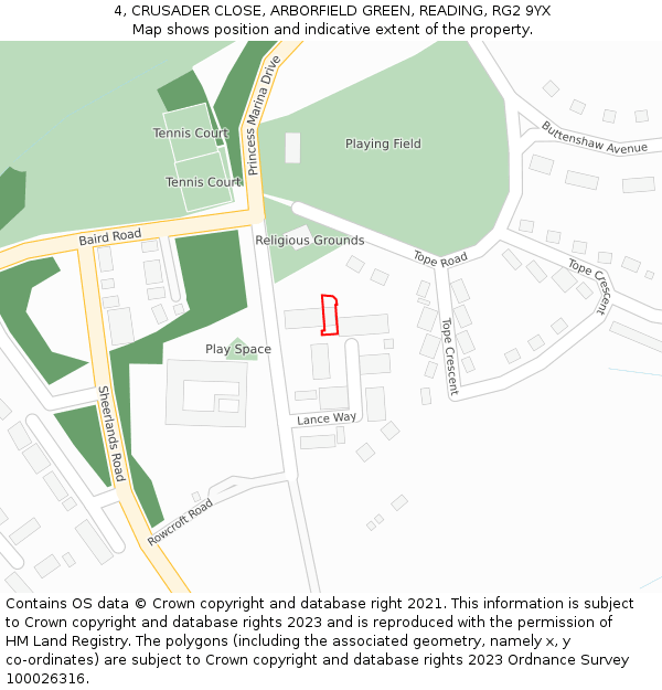 4, CRUSADER CLOSE, ARBORFIELD GREEN, READING, RG2 9YX: Location map and indicative extent of plot