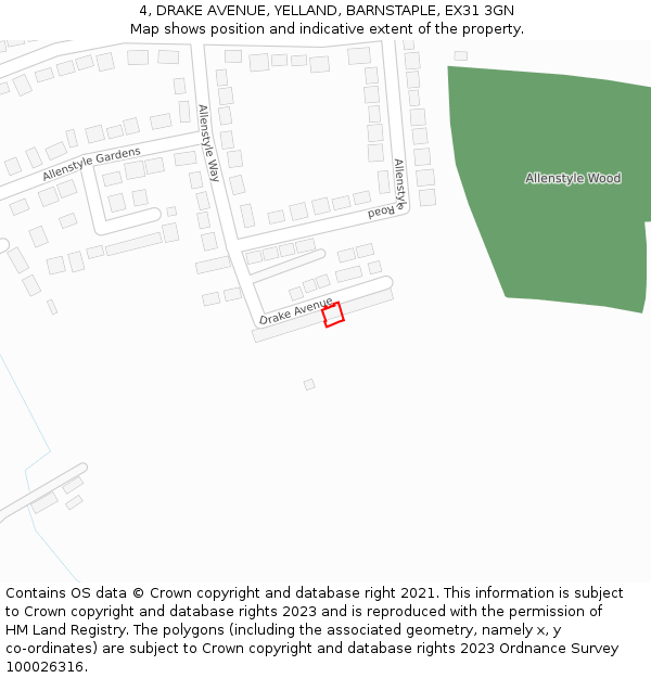 4, DRAKE AVENUE, YELLAND, BARNSTAPLE, EX31 3GN: Location map and indicative extent of plot