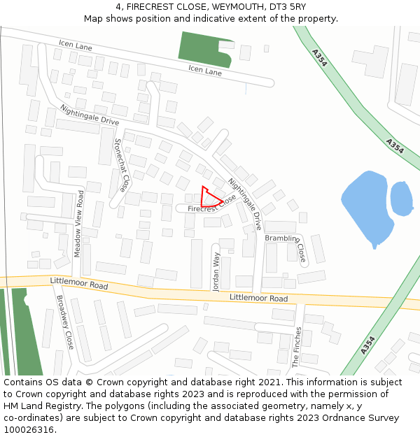 4, FIRECREST CLOSE, WEYMOUTH, DT3 5RY: Location map and indicative extent of plot