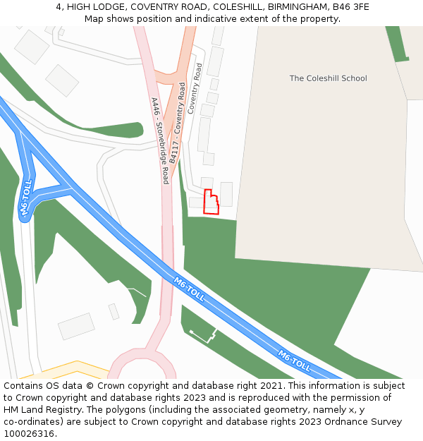 4, HIGH LODGE, COVENTRY ROAD, COLESHILL, BIRMINGHAM, B46 3FE: Location map and indicative extent of plot