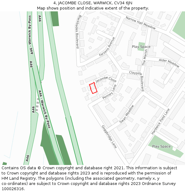 4, JACOMBE CLOSE, WARWICK, CV34 6JN: Location map and indicative extent of plot