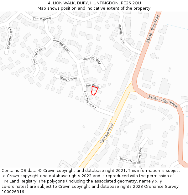 4, LION WALK, BURY, HUNTINGDON, PE26 2QU: Location map and indicative extent of plot