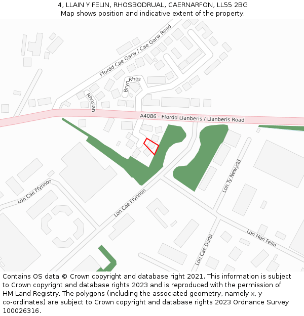 4, LLAIN Y FELIN, RHOSBODRUAL, CAERNARFON, LL55 2BG: Location map and indicative extent of plot