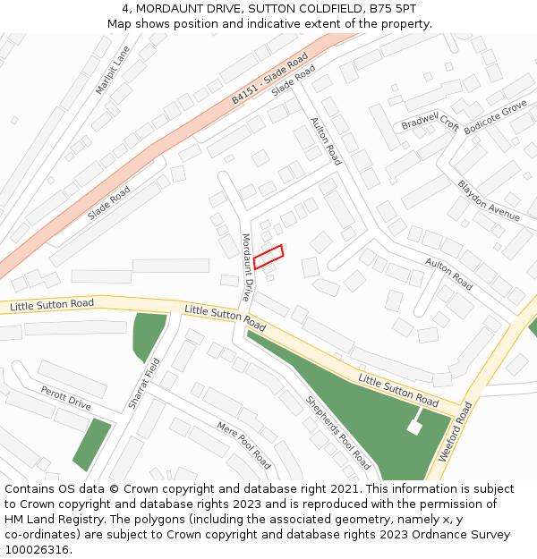 4, MORDAUNT DRIVE, SUTTON COLDFIELD, B75 5PT: Location map and indicative extent of plot