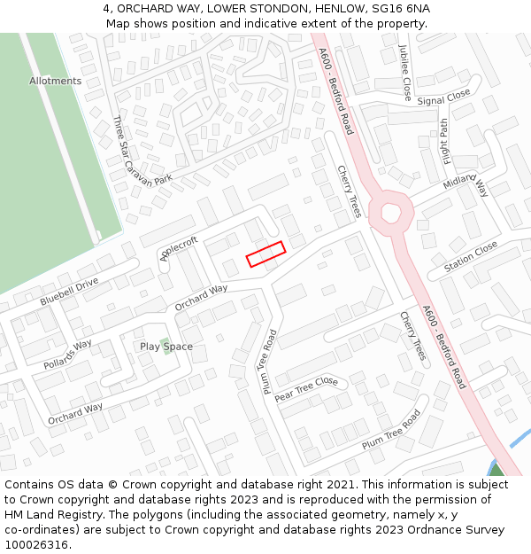 4, ORCHARD WAY, LOWER STONDON, HENLOW, SG16 6NA: Location map and indicative extent of plot