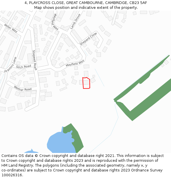 4, PLAYCROSS CLOSE, GREAT CAMBOURNE, CAMBRIDGE, CB23 5AF: Location map and indicative extent of plot