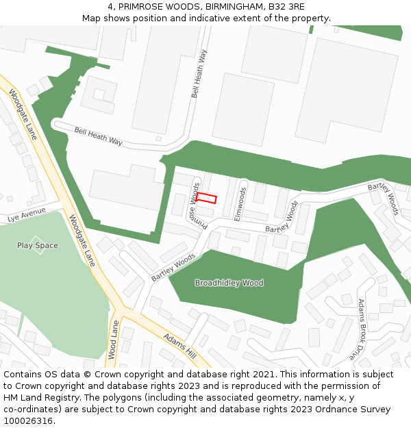 4, PRIMROSE WOODS, BIRMINGHAM, B32 3RE: Location map and indicative extent of plot