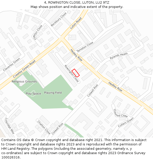 4, ROWINGTON CLOSE, LUTON, LU2 9TZ: Location map and indicative extent of plot