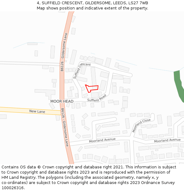 4, SUFFIELD CRESCENT, GILDERSOME, LEEDS, LS27 7WB: Location map and indicative extent of plot