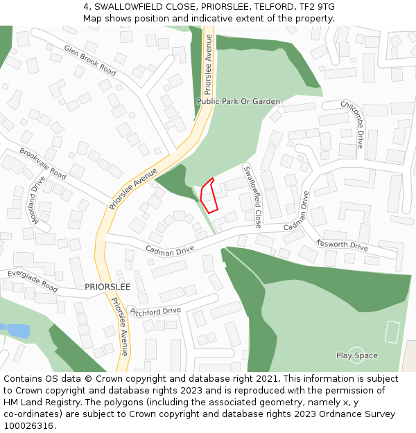 4, SWALLOWFIELD CLOSE, PRIORSLEE, TELFORD, TF2 9TG: Location map and indicative extent of plot